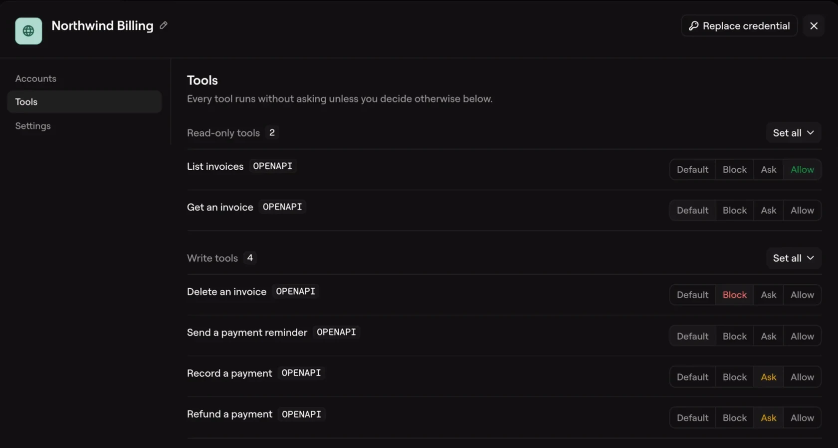 Kortix connector settings: Northwind Billing, Tools